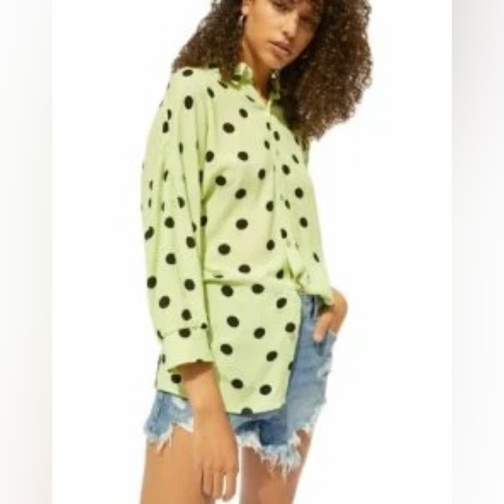Bershka Light Green Polka Dot Button-Down Shirt